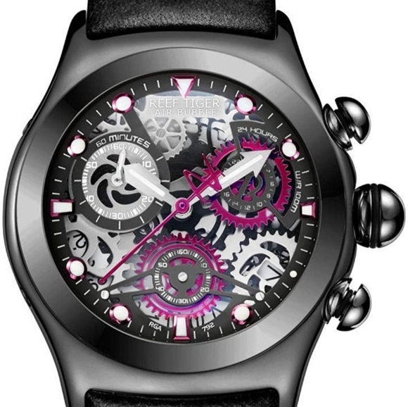 Unique Black Wrist Watch with Date Skeleton Dial C